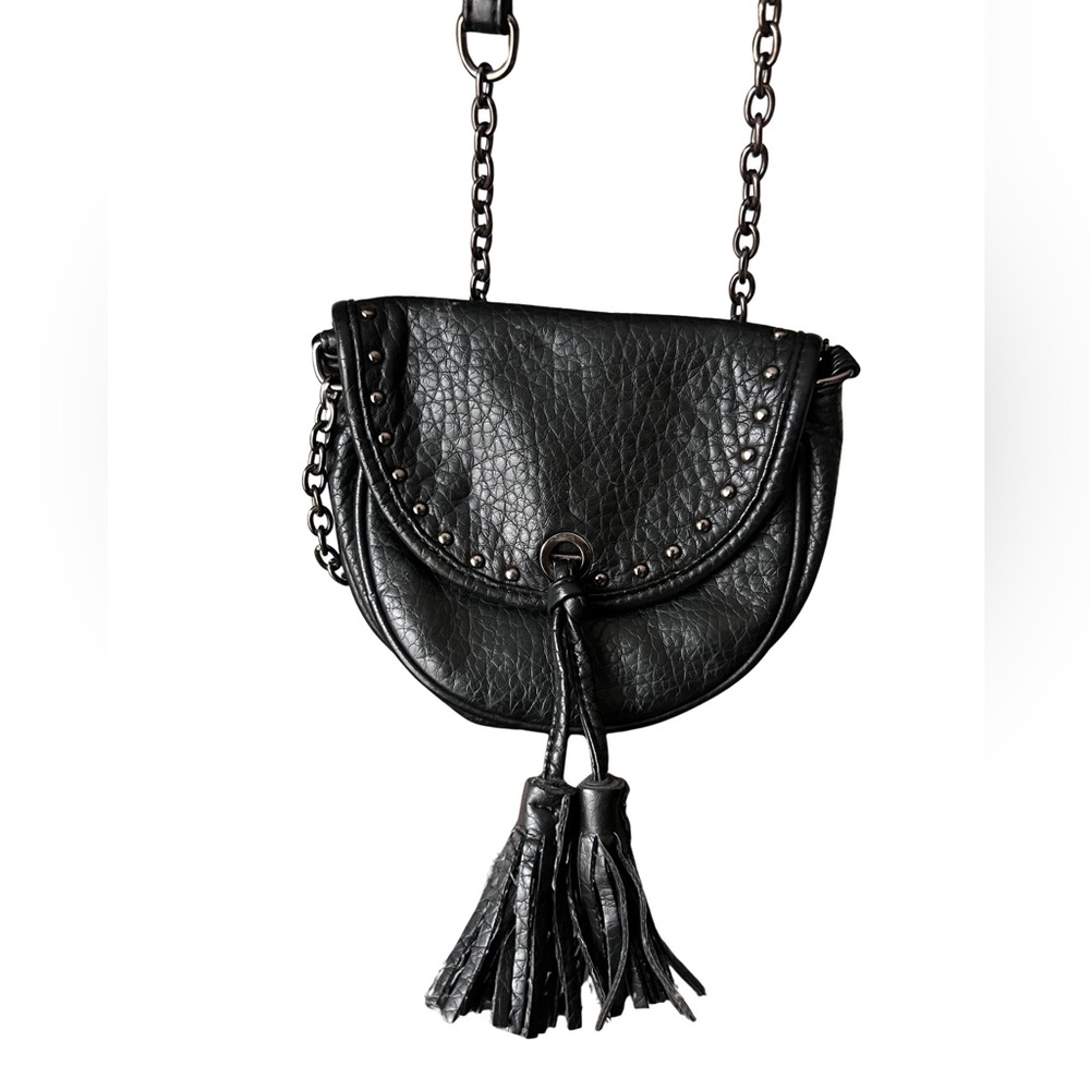 Women's Black Vegan Leather Studded Tassel Crossbody Bag